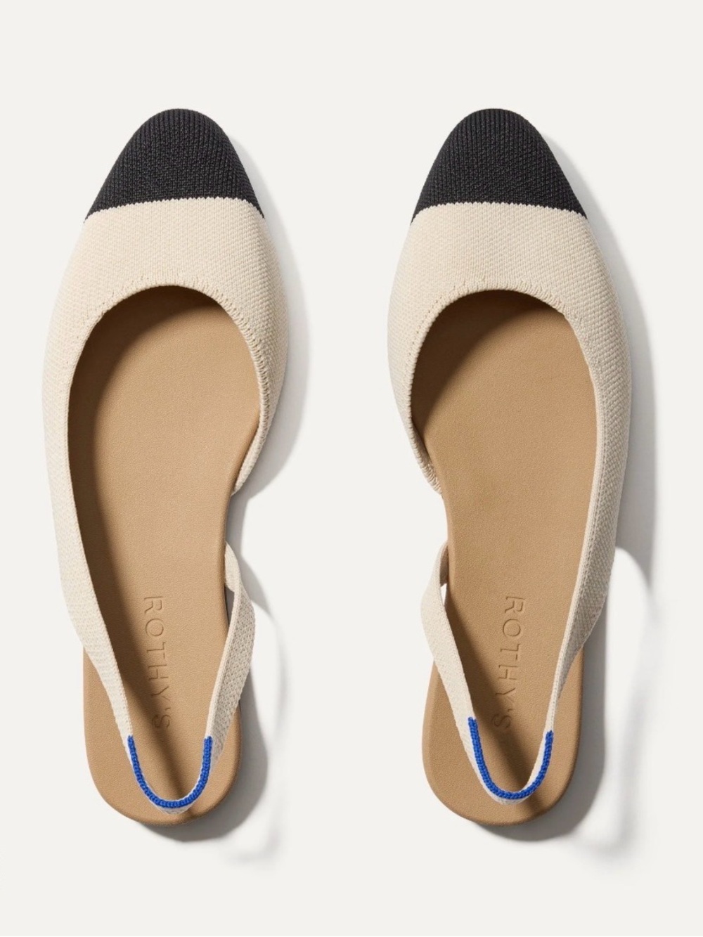 Rothys Almond Beige and Black Two-Tone Conch Captoe Knit Slingback Flats